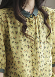 French Yellow Peter Pan Collar Print Button Linen Shirt Half Sleeve