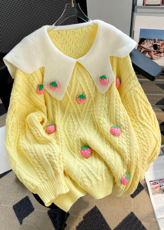 French Yellow Peter Pan Collar Strawberry Knit Sweaters Winter