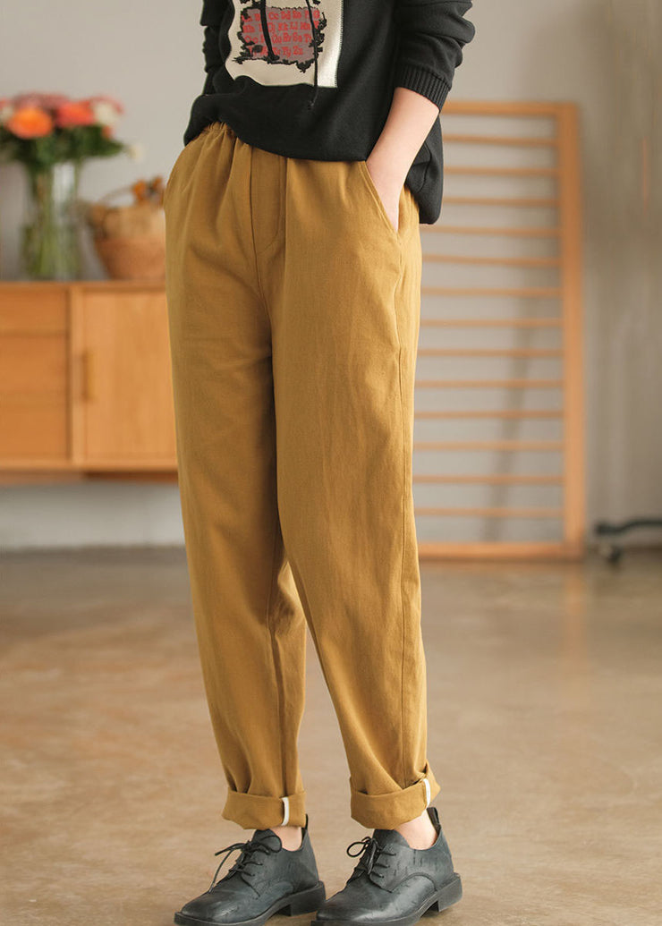 French Yellow Pockets Patchwork Cotton Straight Pants Spring