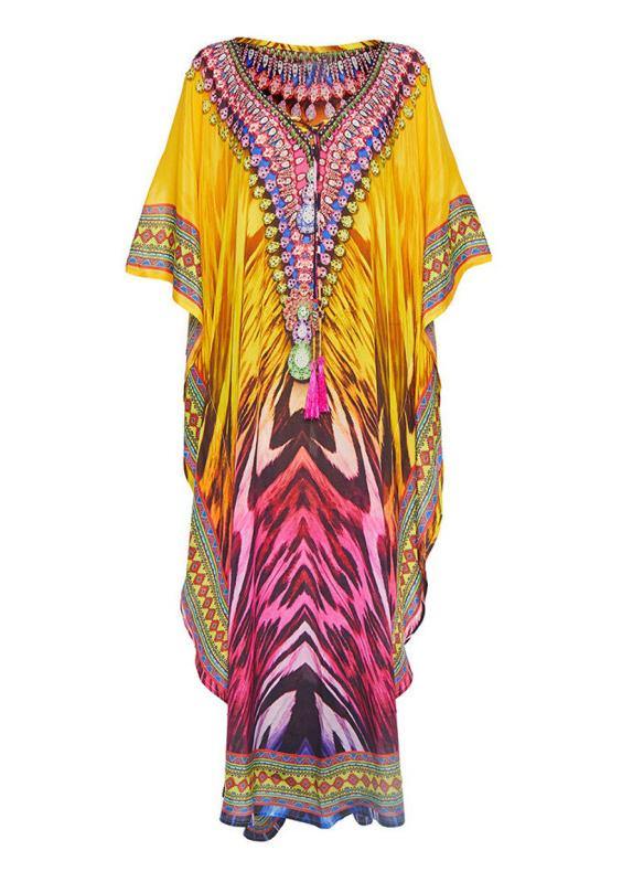 French Yellow Print Beach Gown Summer Dress - SooLinen