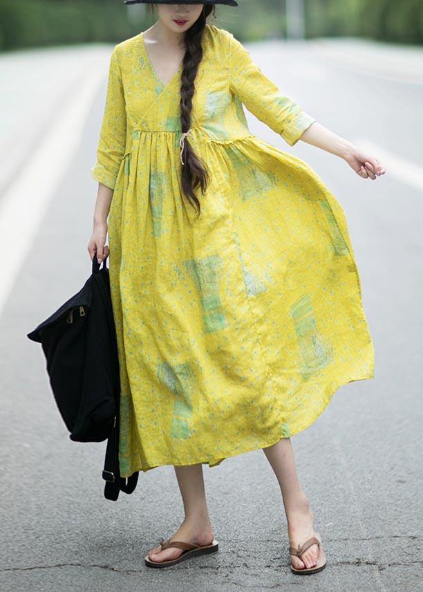 French Yellow Print Clothes Women V Neck Cinched Maxi Spring Dress - SooLinen