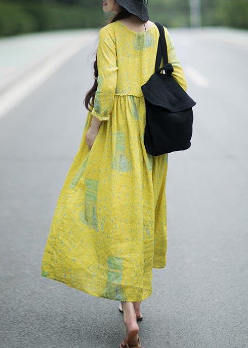 French Yellow Print Clothes Women V Neck Cinched Maxi Spring Dress - SooLinen