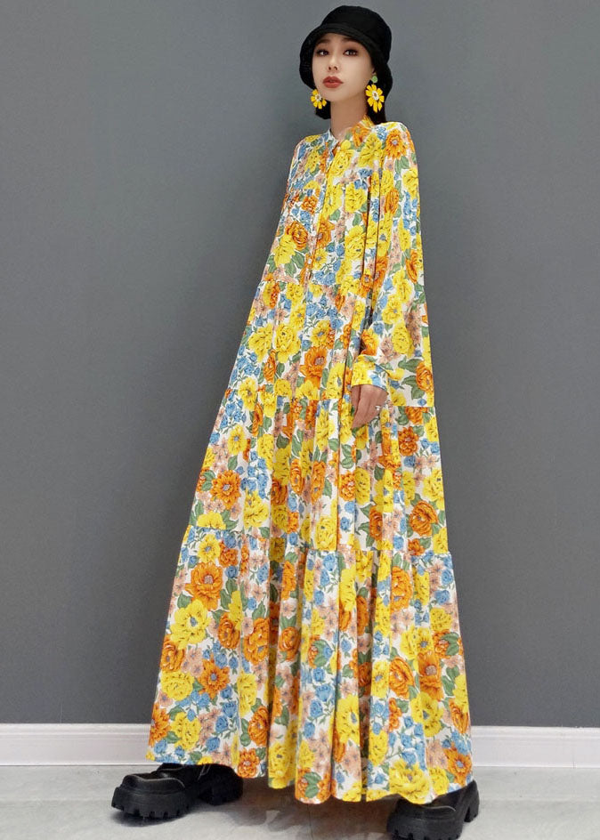 French Yellow Print Exra Large Hem Cotton Maxi Dresses Long Sleeve