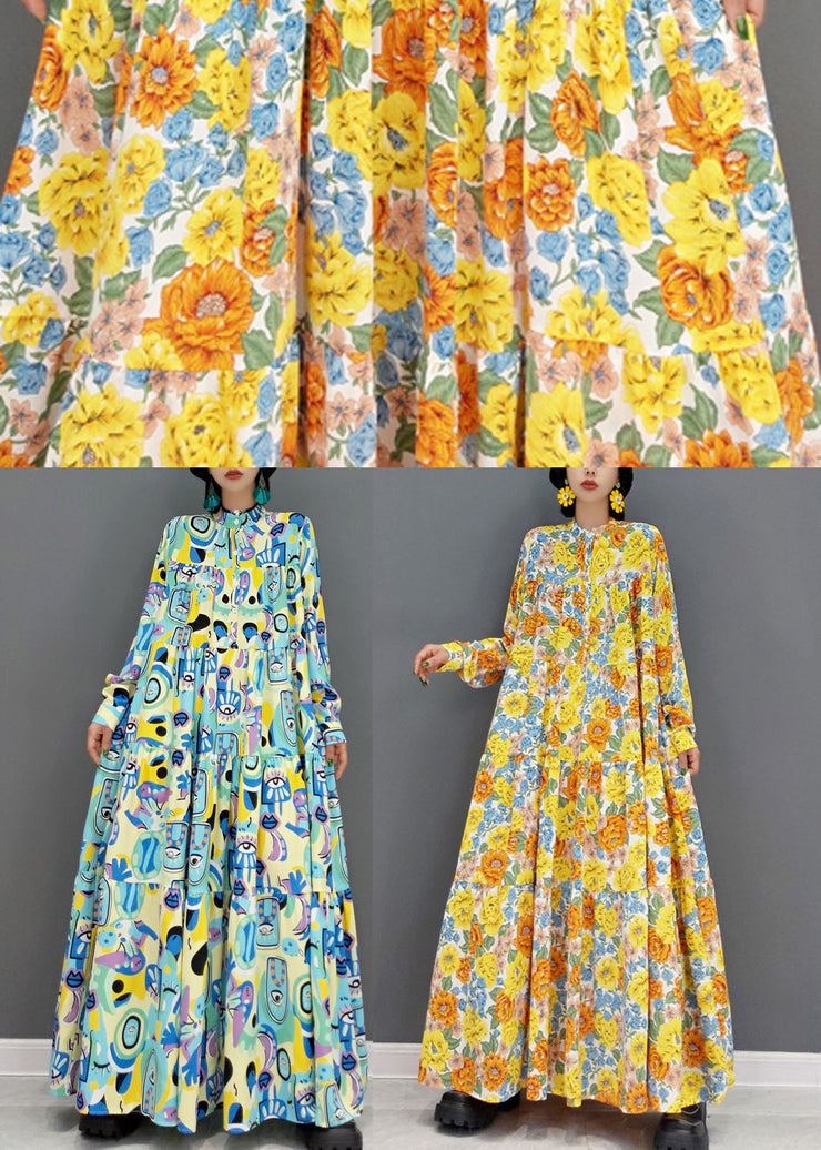 French Yellow Print Exra Large Hem Cotton Maxi Dresses Long Sleeve