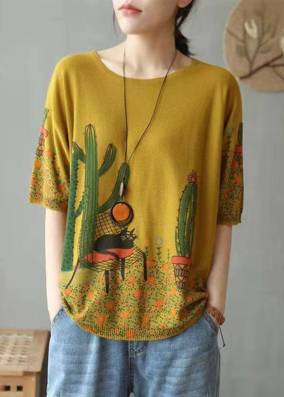 French Yellow Print Patchwork Cotton Knit T Shirts Short Sleeve
