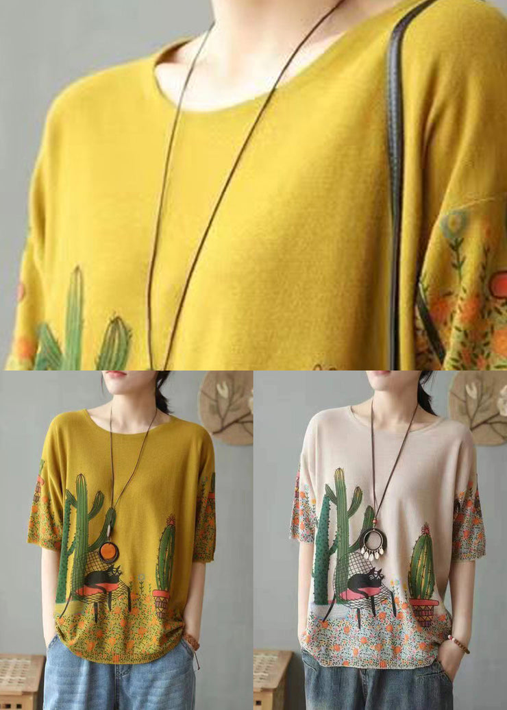 French Yellow Print Patchwork Cotton Knit T Shirts Short Sleeve