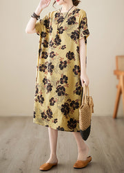 French Yellow Print Patchwork Holiday Long Dress Short Sleeve