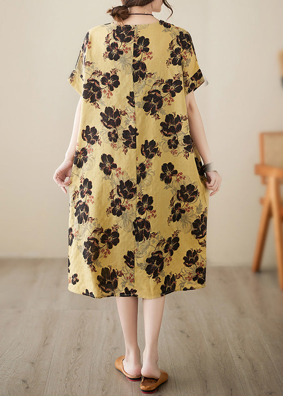 French Yellow Print Patchwork Holiday Long Dress Short Sleeve