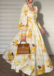 French Yellow Print Square Collar Exra Large Hem Silk Maxi Dresses Long Sleeve