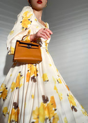 French Yellow Print Square Collar Exra Large Hem Silk Maxi Dresses Long Sleeve