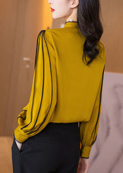 French Yellow Stand Collar Button Draping Silk Shirt Top Long Sleeve