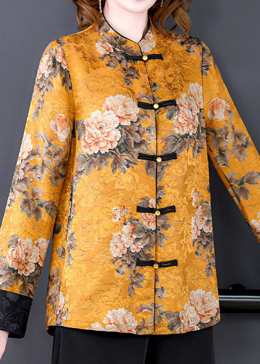 French Yellow Stand Collar Chinese Button Print Silk Outwear Spring