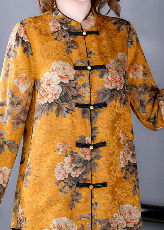 French Yellow Stand Collar Chinese Button Print Silk Outwear Spring