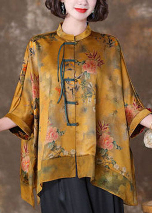 French Yellow Stand Collar Oversized Patchwork Print Silk Shirts Batwing Sleeve