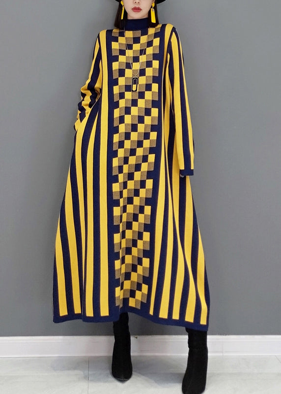 French Yellow Striped Hign Neck Patchwork Knit Long Dress Fall