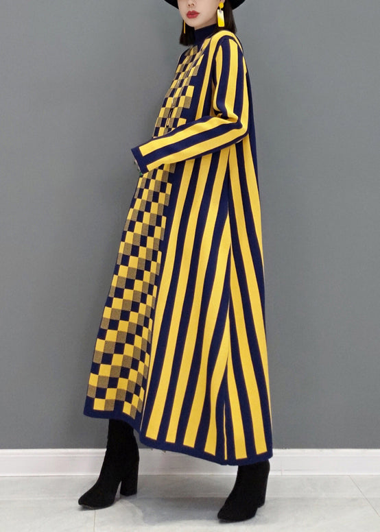 French Yellow Striped Hign Neck Patchwork Knit Long Dress Fall