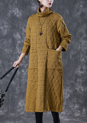French Yellow Turtle Neck Fine Cotton Filled A Line Dress Winter