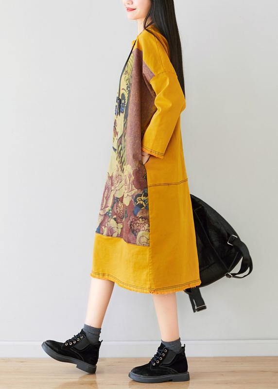 French Yellow U Neck Dress Character Print Spring Ankle Dress - SooLinen
