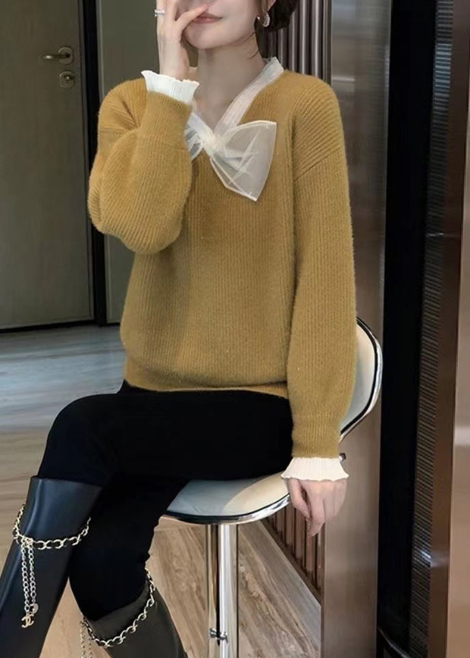 French Yellow V Neck Bow Patchwork Woolen Knitted Sweaters Fall