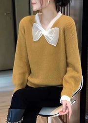 French Yellow V Neck Bow Patchwork Woolen Knitted Sweaters Fall