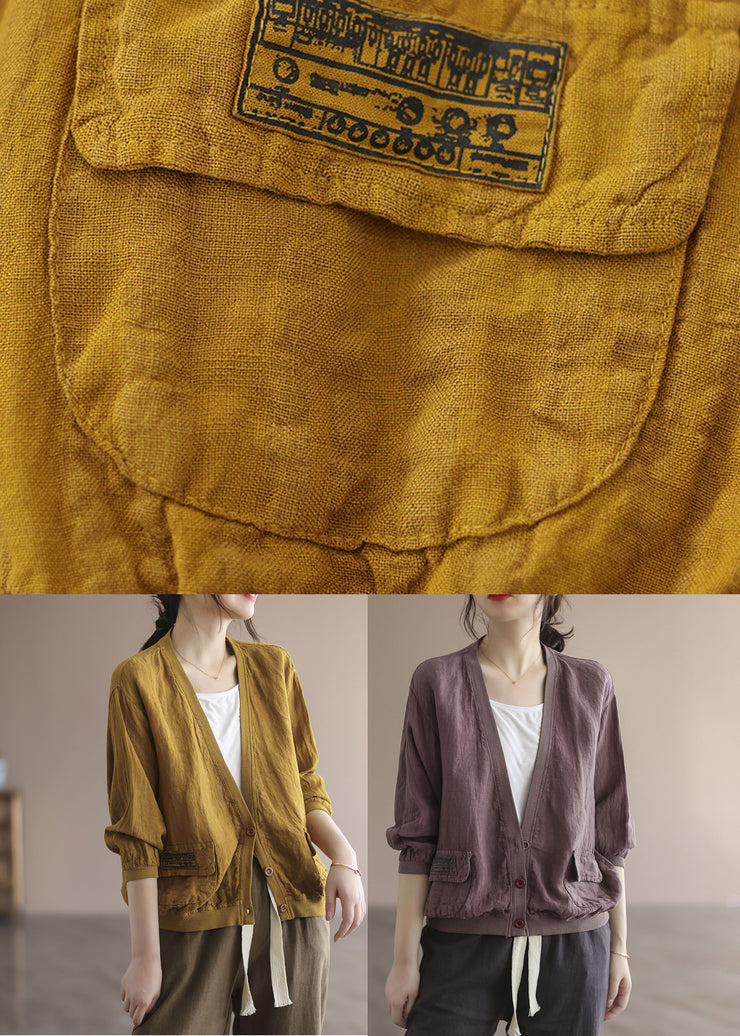 French Yellow V Neck Patchwork Pockets Linen Jackets Spring