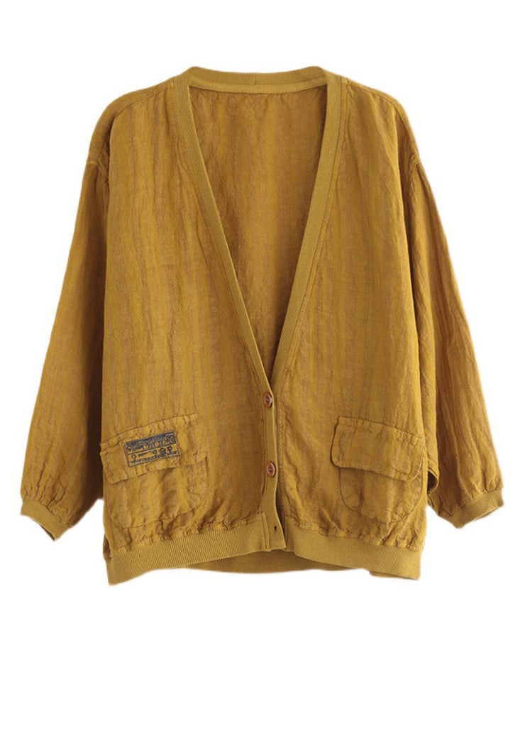 French Yellow V Neck Patchwork Pockets Linen Jackets Spring