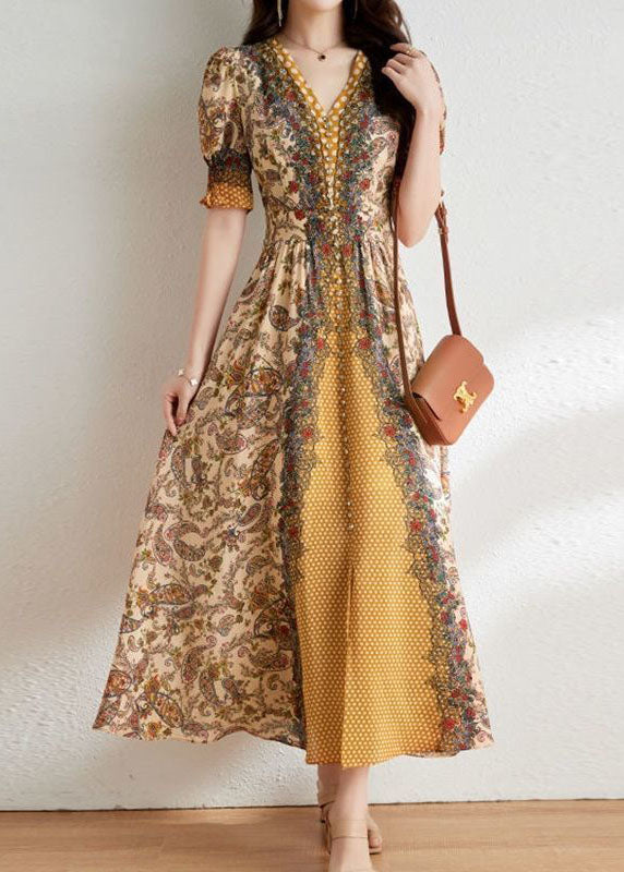 French Yellow V Neck Patchwork Print Silk Long Dress Summer