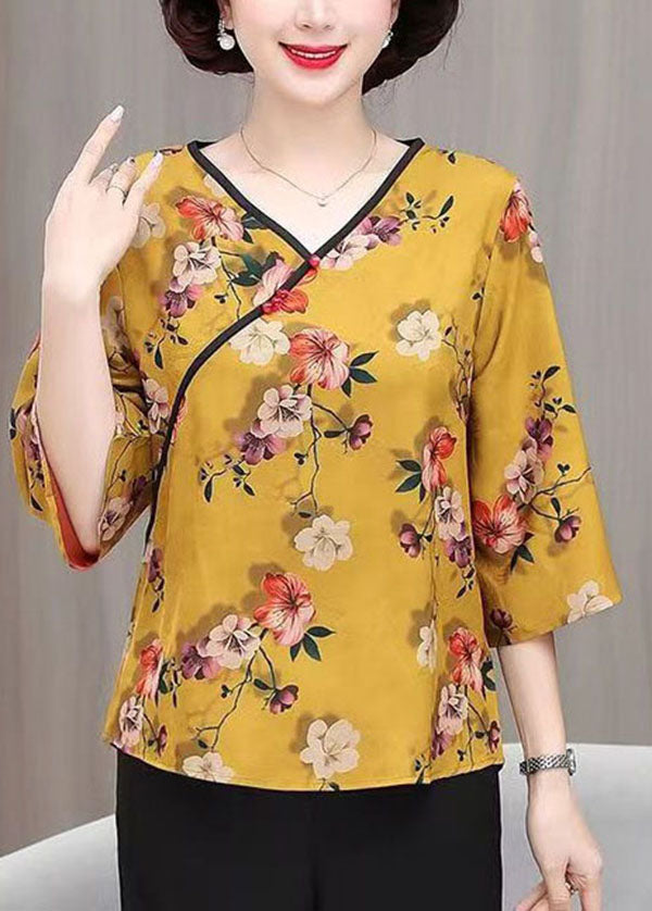French Yellow V Neck Print Patchwork Silk Top Summer