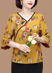 French Yellow V Neck Print Patchwork Silk Top Summer