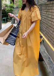 French Yellow V Neck Wrinkled Patchwork Cotton Long Dress Summer