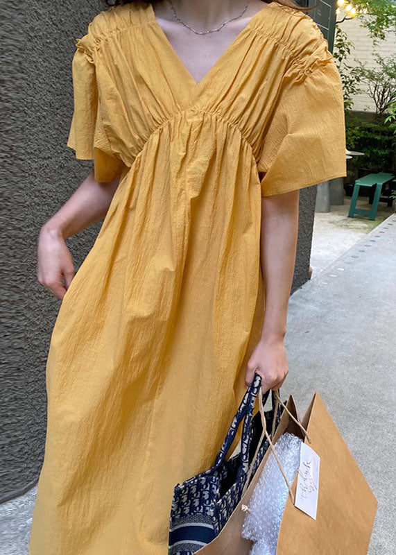 French Yellow V Neck Wrinkled Patchwork Cotton Long Dress Summer