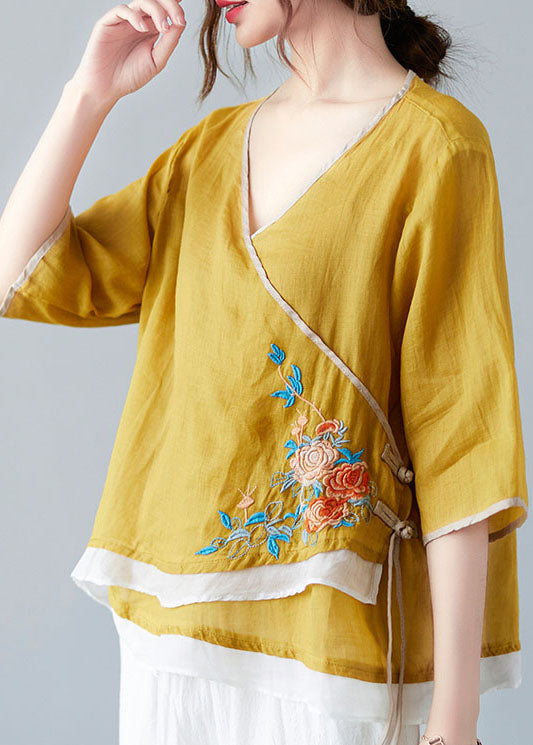 French Yellow V Neck asymmetrical design Shirt Spring