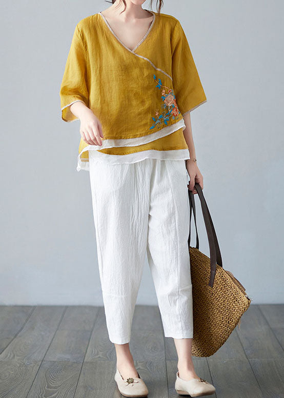 French Yellow V Neck asymmetrical design Shirt Spring
