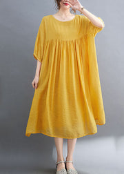 French Yellow Wrinkled Exra Large Hem Cotton Vacation Dress Short Sleeve