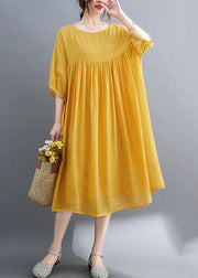 French Yellow Wrinkled Exra Large Hem Cotton Vacation Dress Short Sleeve