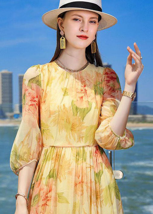 French Yellow Wrinkled Print Silk Holiday Dress Summer