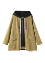 French Yellow Zip Up Pockets Patchwork Cotton Hooded Coat Fall