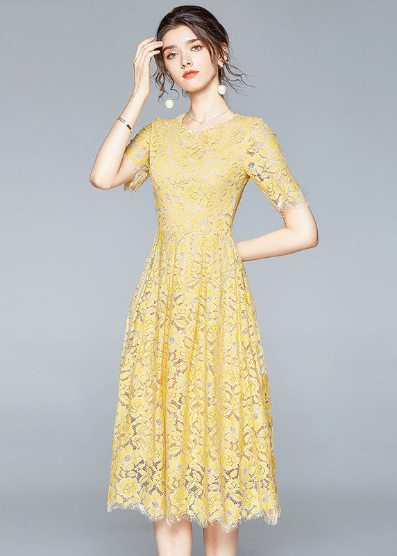 French Yellow Zip Up Slim Fit Lace Party Dress Short Sleeve