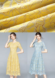 French Yellow Zip Up Slim Fit Lace Party Dress Short Sleeve