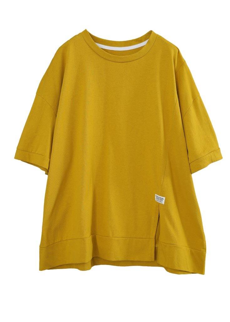 French Yellow short sleeve Cotton Summer Tops - SooLinen