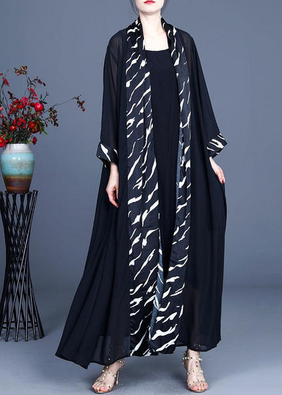 French Zebra pattern Summer Silk Patchwork Cardigans Long - SooLinen