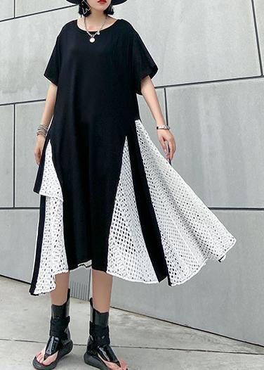 French asymmetric o neck cotton clothes pattern black cotton robes Dresses - SooLinen