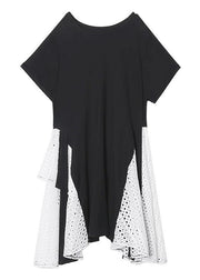 French asymmetric o neck cotton clothes pattern black cotton robes Dresses - SooLinen