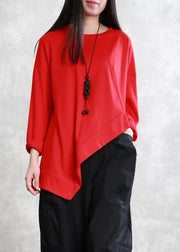 French asymmetric o neck cotton tunic pattern Neckline black top - SooLinen