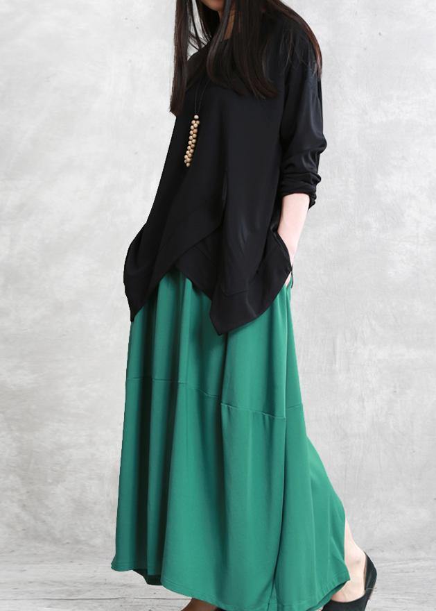 French asymmetric o neck cotton tunic pattern Neckline black top - SooLinen
