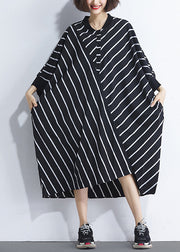 French asymmetric patchwork cotton dresses Women Sewing black striped cotton Dresses Summer
