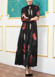 French big hem cotton prints tunic top Sleeve black long Dress - SooLinen
