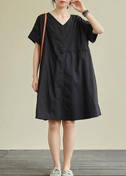 French black Cotton tunic pattern v neck patchwork shift Dress - SooLinen