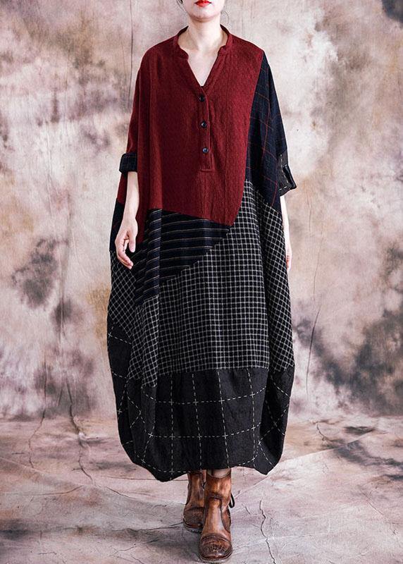 French black Plaid cotton quilting clothes v neck patchwork cotton robes fall Dresses - SooLinen