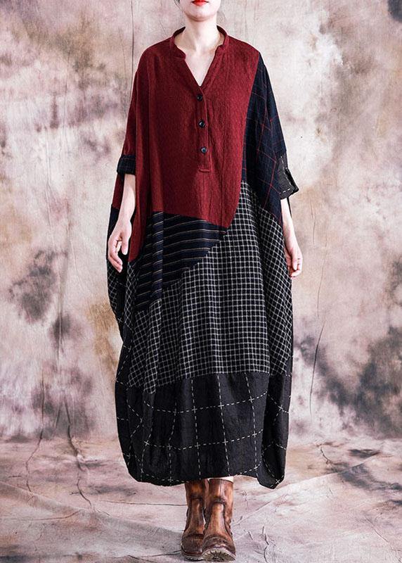 French black Plaid cotton quilting clothes v neck patchwork cotton robes fall Dresses - SooLinen